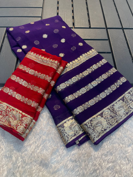 Latest Function wear Purple Color Viscose Georgette Jacquard Weaving Work Fancy Designer Saree