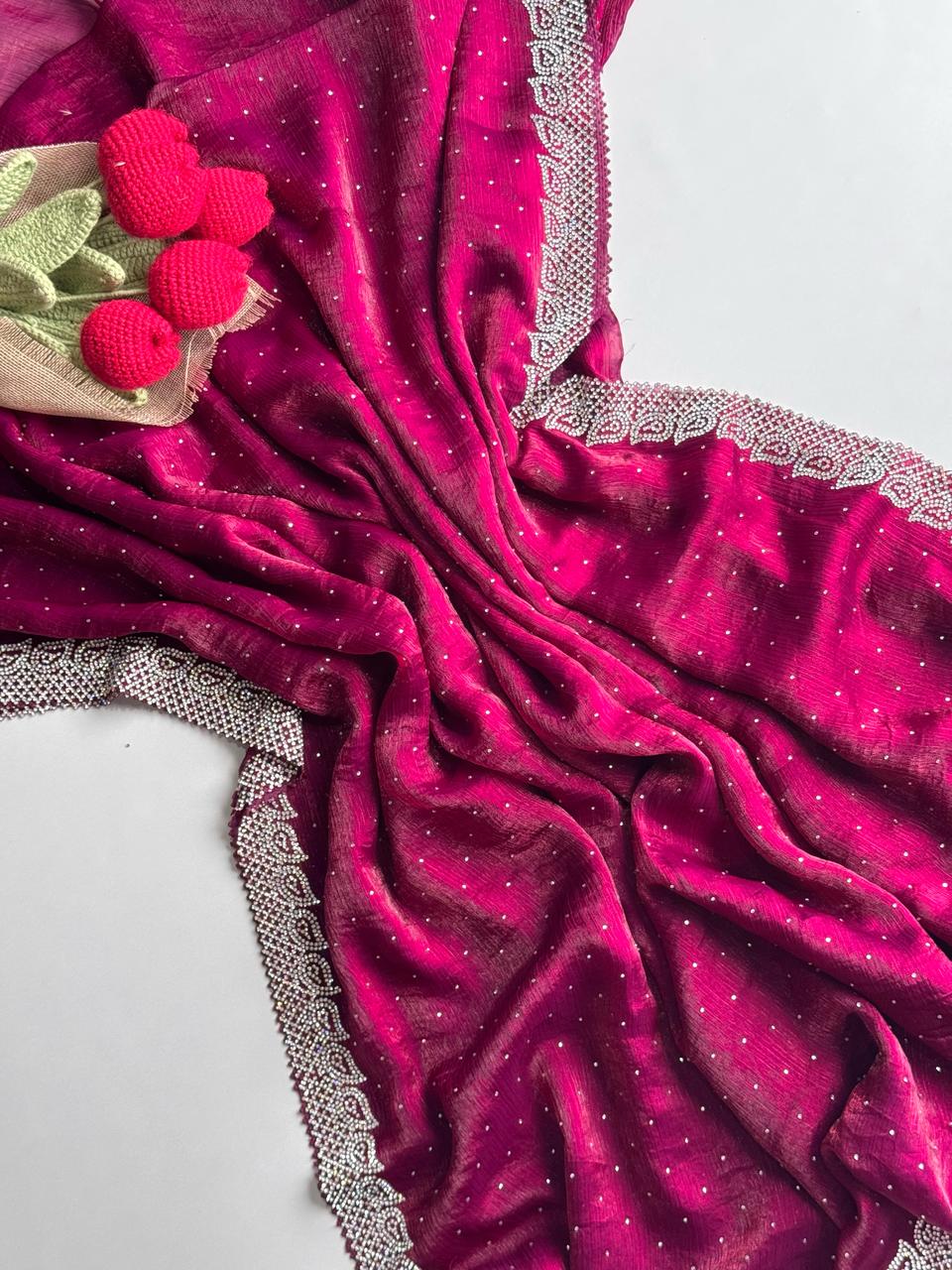 Beautiful designer Party wear saree fabrics Frenday chiffon saree with all over heavy jharkan  work