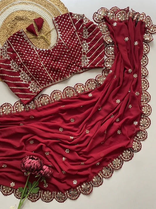 Blossom Party Wear Maroon Colour Faux Georgette Sequence Heavy Border n Real Mirror Work Fancy Designer Saree With Unstitched Blouse