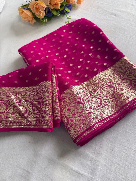 Latest Wedding wear Padding Color Viscose Georgette Jacquard Weaving Work Designer Saree