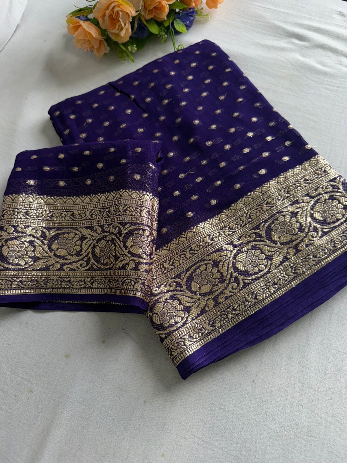 Latest Wedding wear Padding Color Viscose Georgette Jacquard Weaving Work Designer Saree