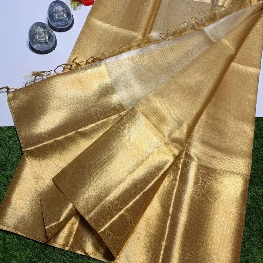 New Wedding Wear Gold Color Banarasi Kota Tissue Silk Zari Weaving Saree With Blouse