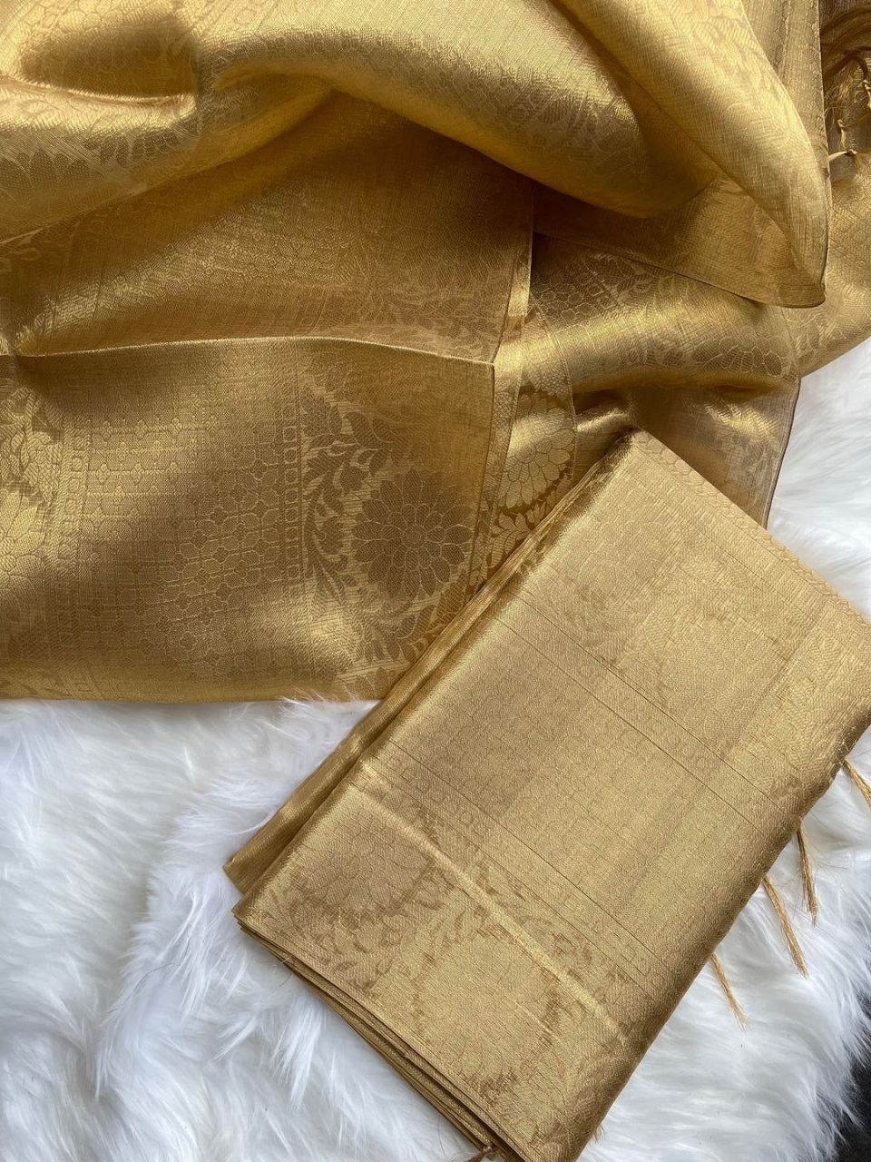 New Wedding Wear Gold Color Banarasi Kota Tissue Silk Zari Weaving Saree With Blouse