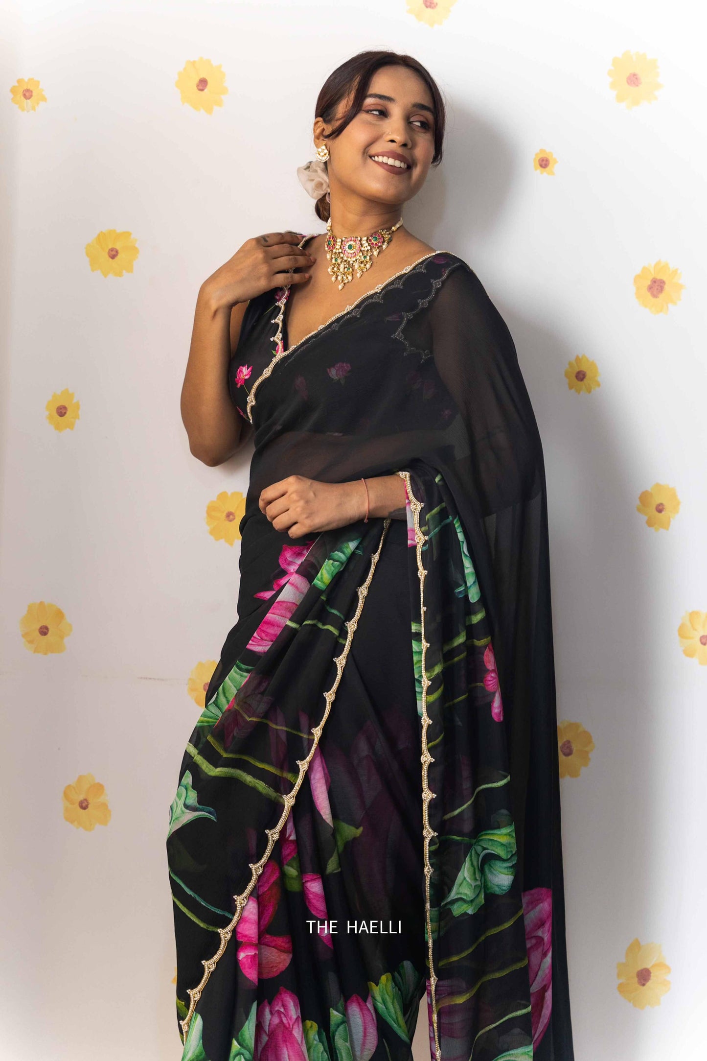 Heavy khatliwork Border with digital print all over saree with motif border
