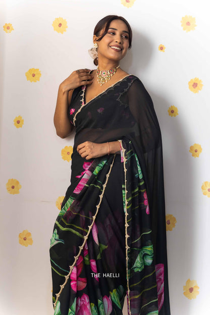 Heavy khatliwork Border with digital print all over saree with motif border