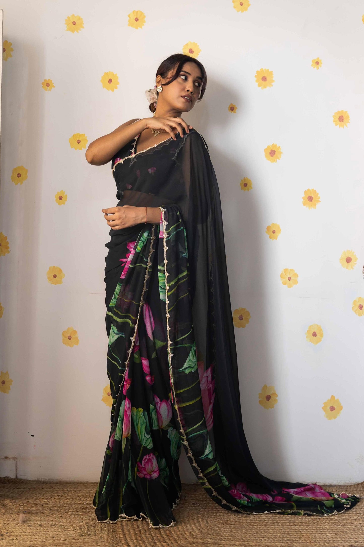 Heavy khatliwork Border with digital print all over saree with motif border