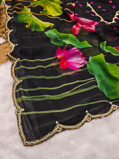 Heavy khatliwork Border with digital print all over saree with motif border