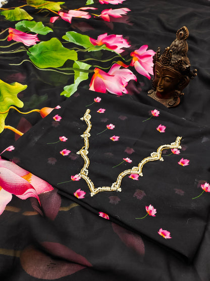 Heavy khatliwork Border with digital print all over saree with motif border