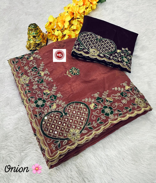 HEAVY PREMIUM SOFT GOLD CRUSH SILK FABRIC ON BEAUTIFUL C-PALLU EMBROIDERY SEQUENCES WORK