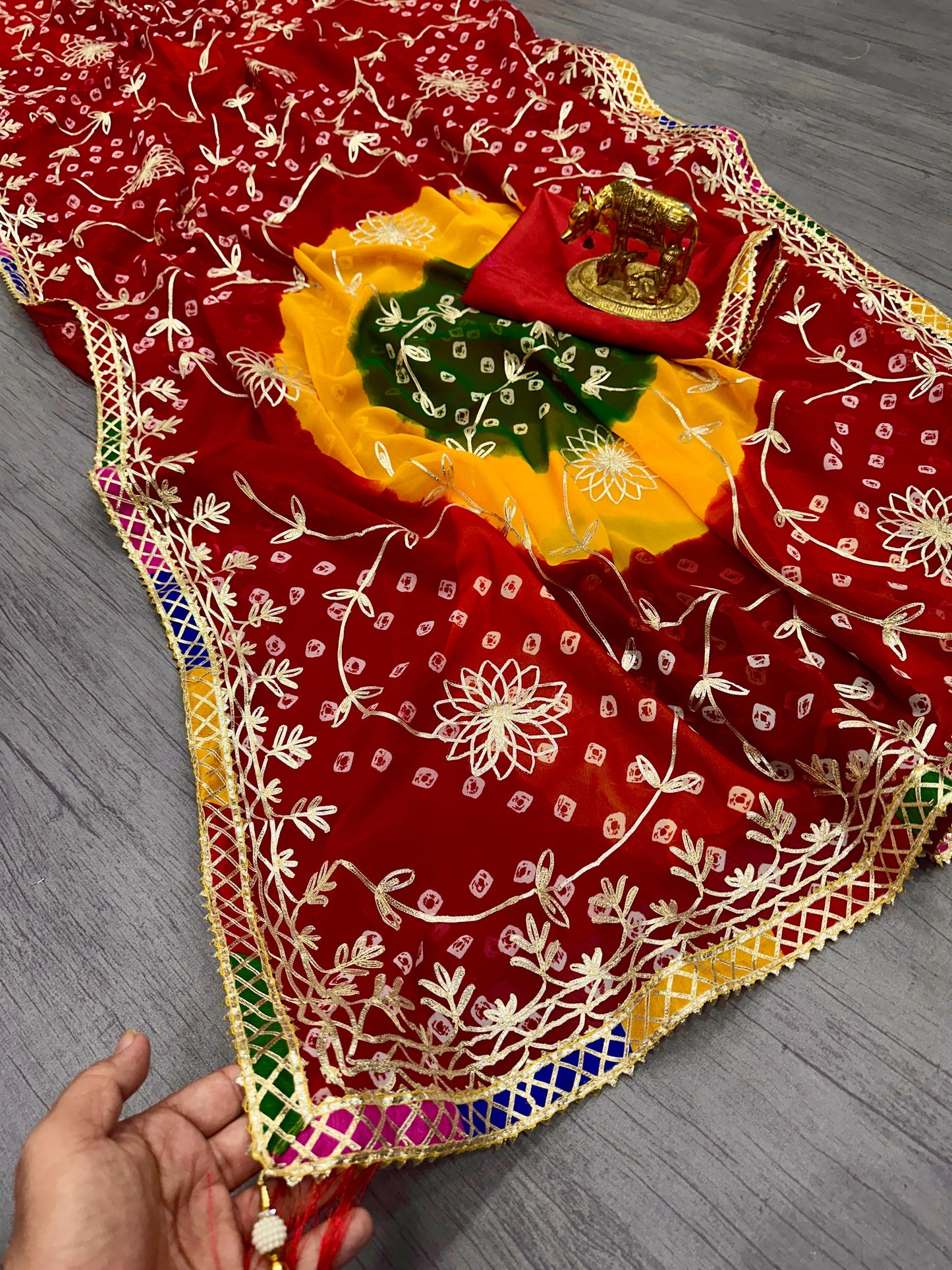 Pure Georgette with Jaipur Bandhani Print Saree with Beautiful Gota Work in C~Pallu Gota Butti Work Border in Saree