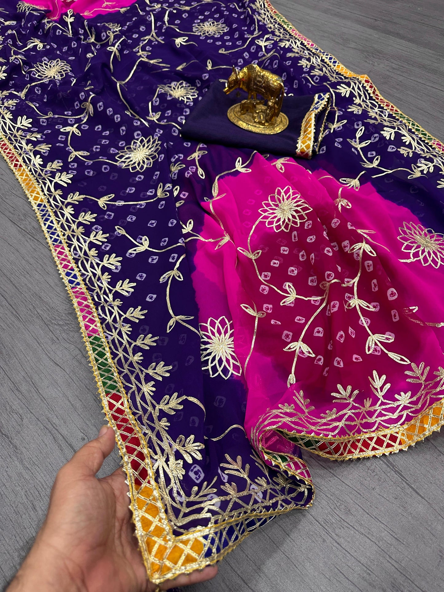 Pure Georgette with Jaipur Bandhani Print Saree with Beautiful Gota Work in C~Pallu Gota Butti Work Border in Saree