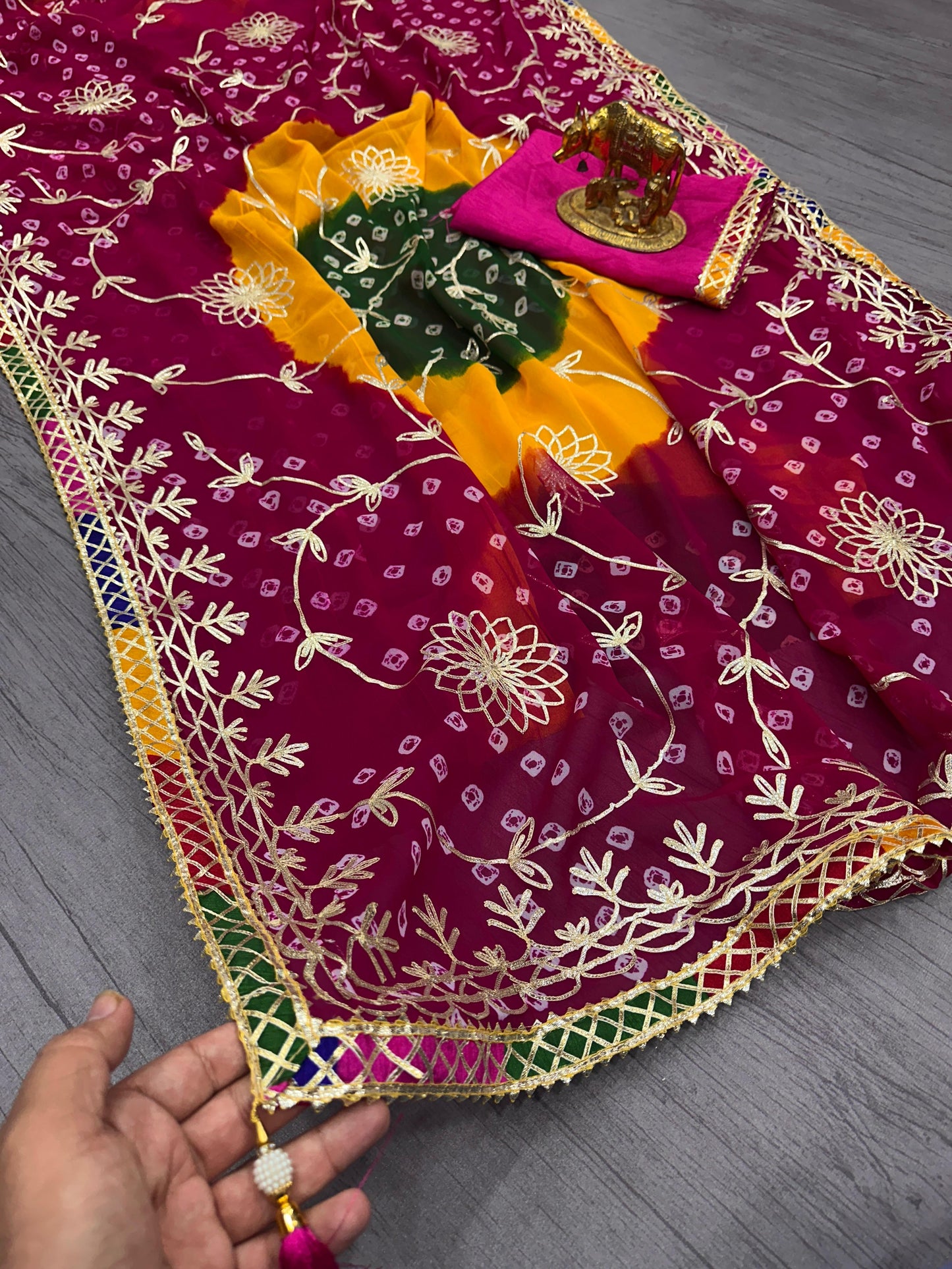 Pure Georgette with Jaipur Bandhani Print Saree with Beautiful Gota Work in C~Pallu Gota Butti Work Border in Saree