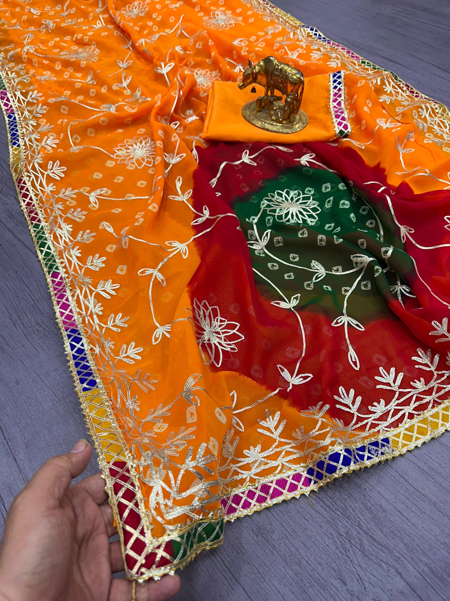 Pure Georgette with Jaipur Bandhani Print Saree with Beautiful Gota Work in C~Pallu Gota Butti Work Border in Saree