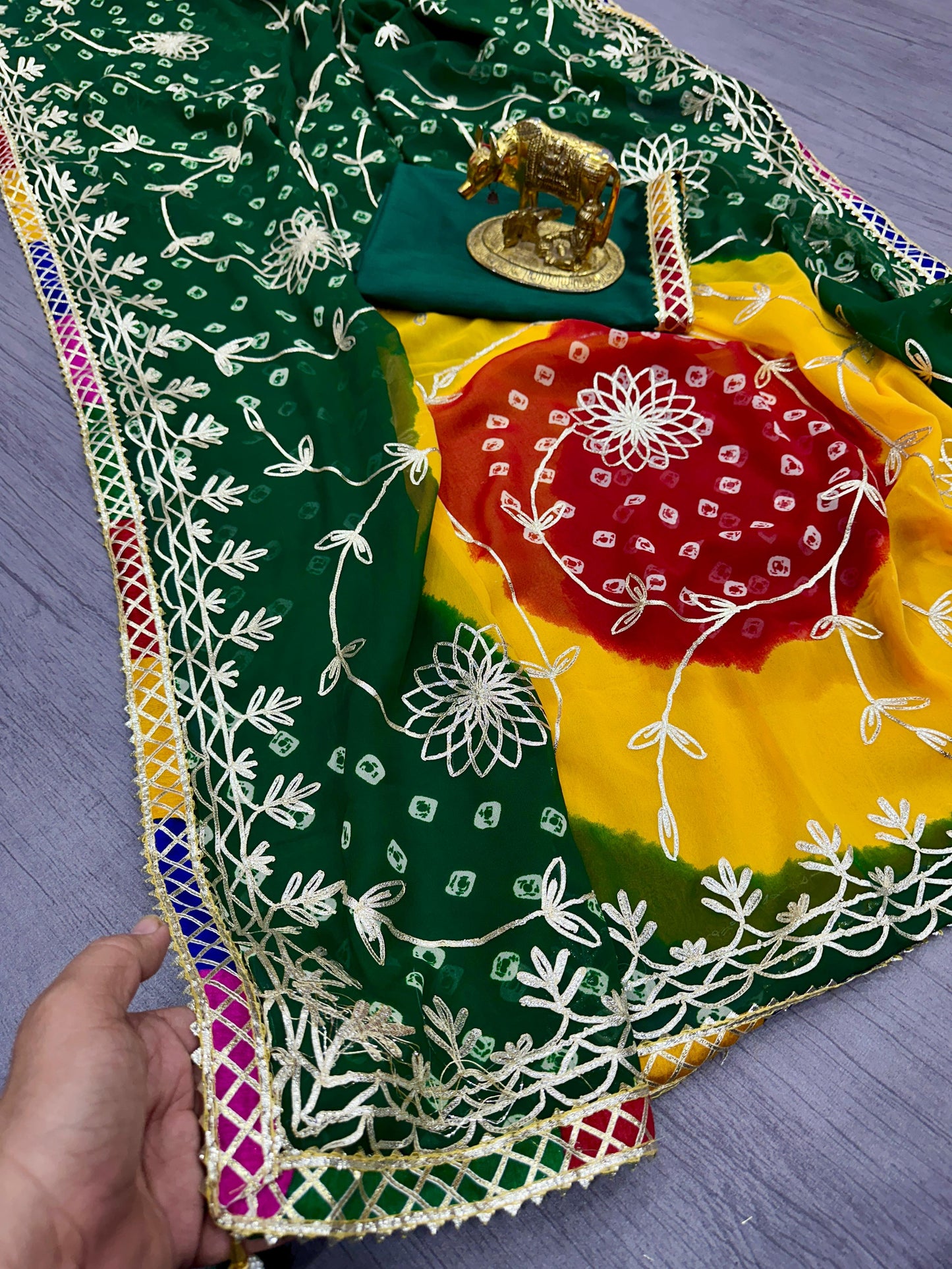 Pure Georgette with Jaipur Bandhani Print Saree with Beautiful Gota Work in C~Pallu Gota Butti Work Border in Saree