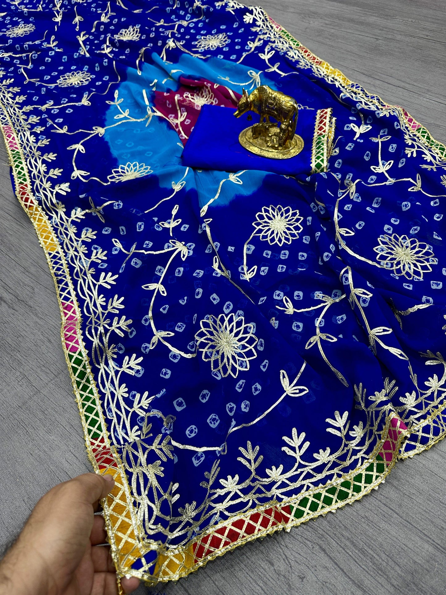 Pure Georgette with Jaipur Bandhani Print Saree with Beautiful Gota Work in C~Pallu Gota Butti Work Border in Saree