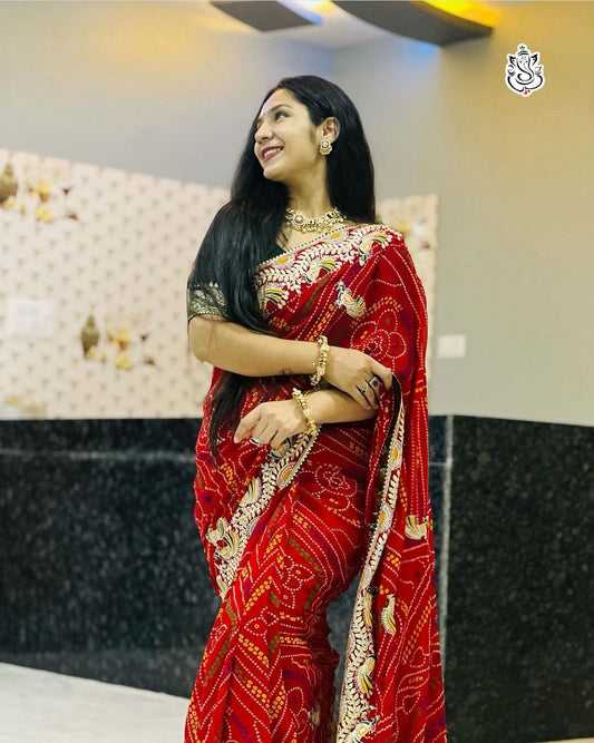 heavy georgatte bandhej saree with beautiful c-pallu with thred and gottpati work in all saree