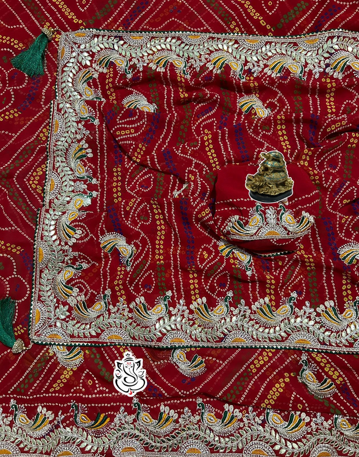 heavy georgatte bandhej saree with beautiful c-pallu with thred and gottpati work in all saree