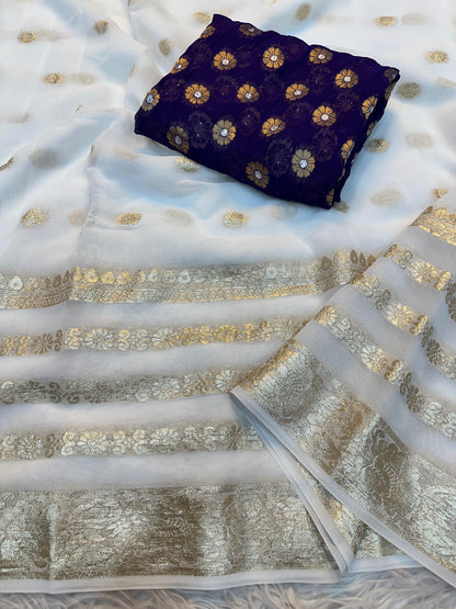 Latest Wedding wear white Pedding Color Viscose Georgette Jacquard Weaving Work Designer Saree