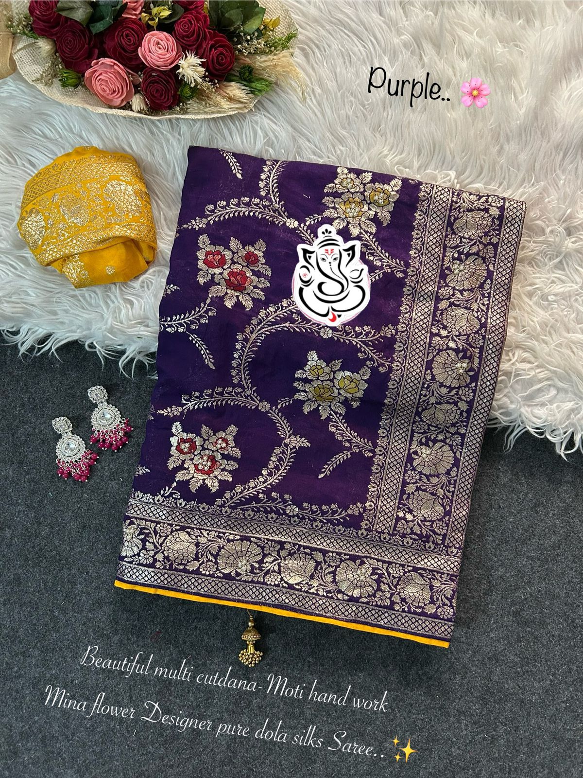 Beautiful cutdana-moti hand work all in saree & Contrast pypin boder Mina jari flower pretty Pure Dola silks Desinger saree..✨