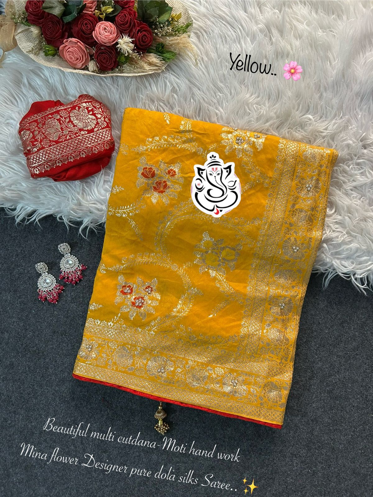 Beautiful cutdana-moti hand work all in saree & Contrast pypin boder Mina jari flower pretty Pure Dola silks Desinger saree..✨