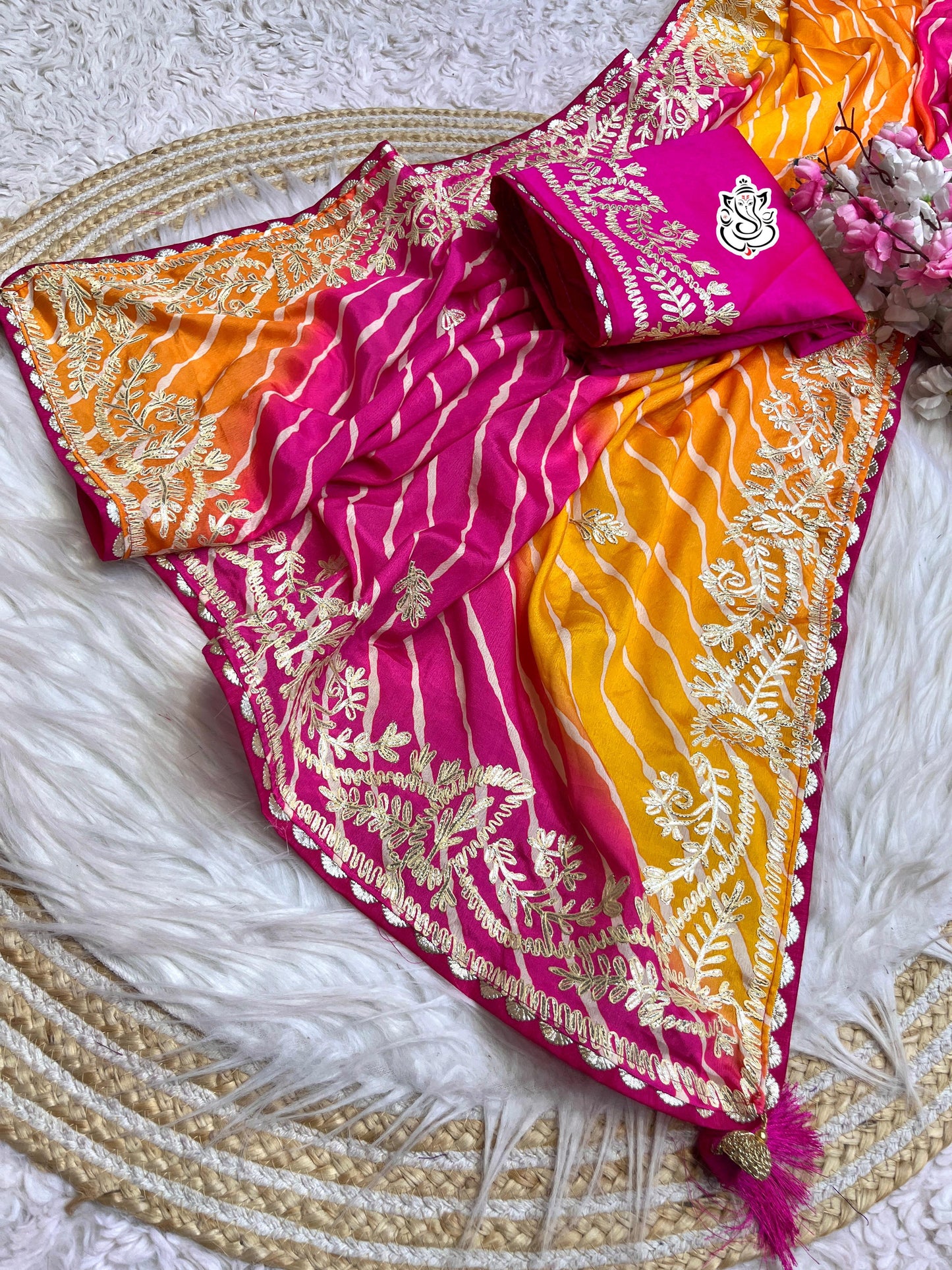 beautiful soft chinon silk lehriya multi saree with heavy cpallu ribbon gota work nd butti in whole saree