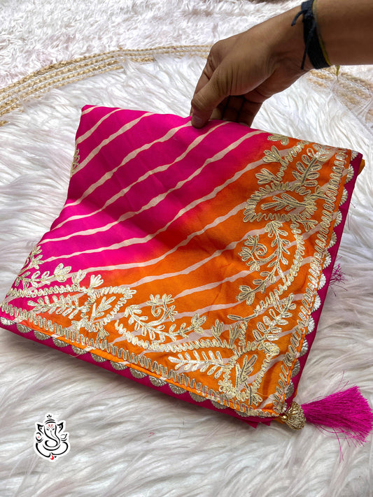 beautiful soft chinon silk lehriya multi saree with heavy cpallu ribbon gota work nd butti in whole saree