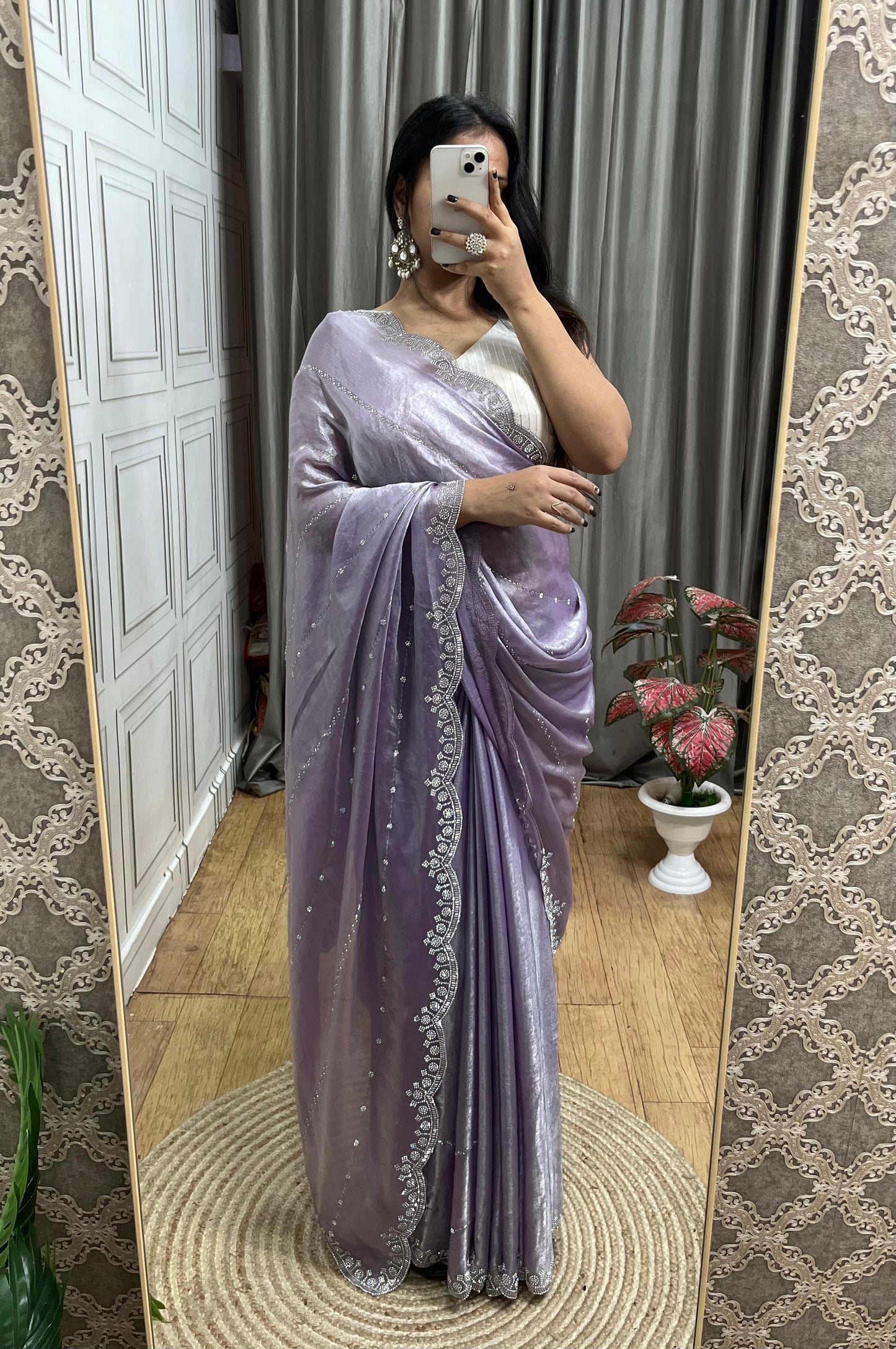 Latest Partywear Space Silk Jarkhan Heavy Diamond Work Fancy Designer Saree With Blouse