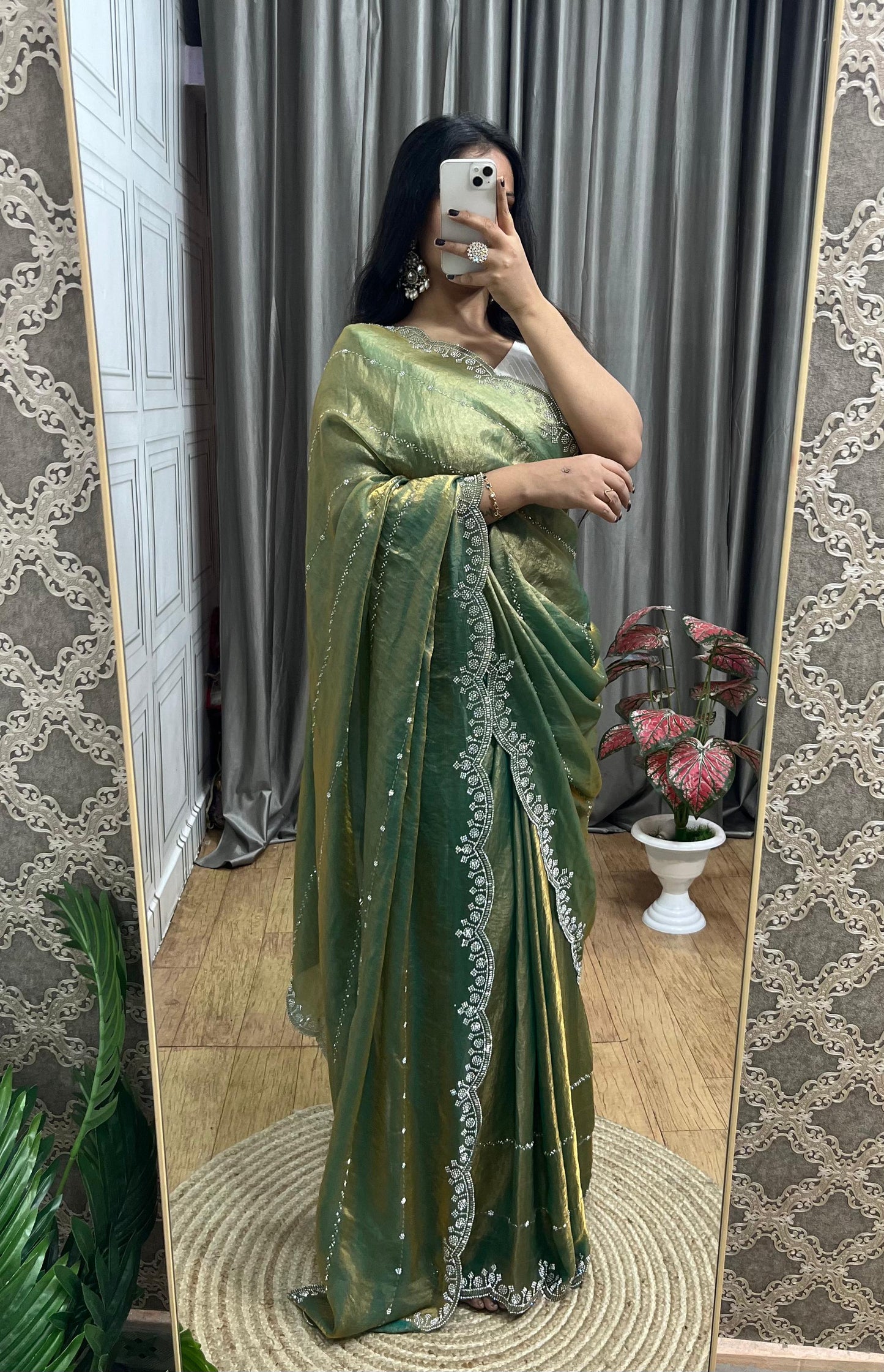 Latest Partywear Space Silk Jarkhan Heavy Diamond Work Fancy Designer Saree With Blouse