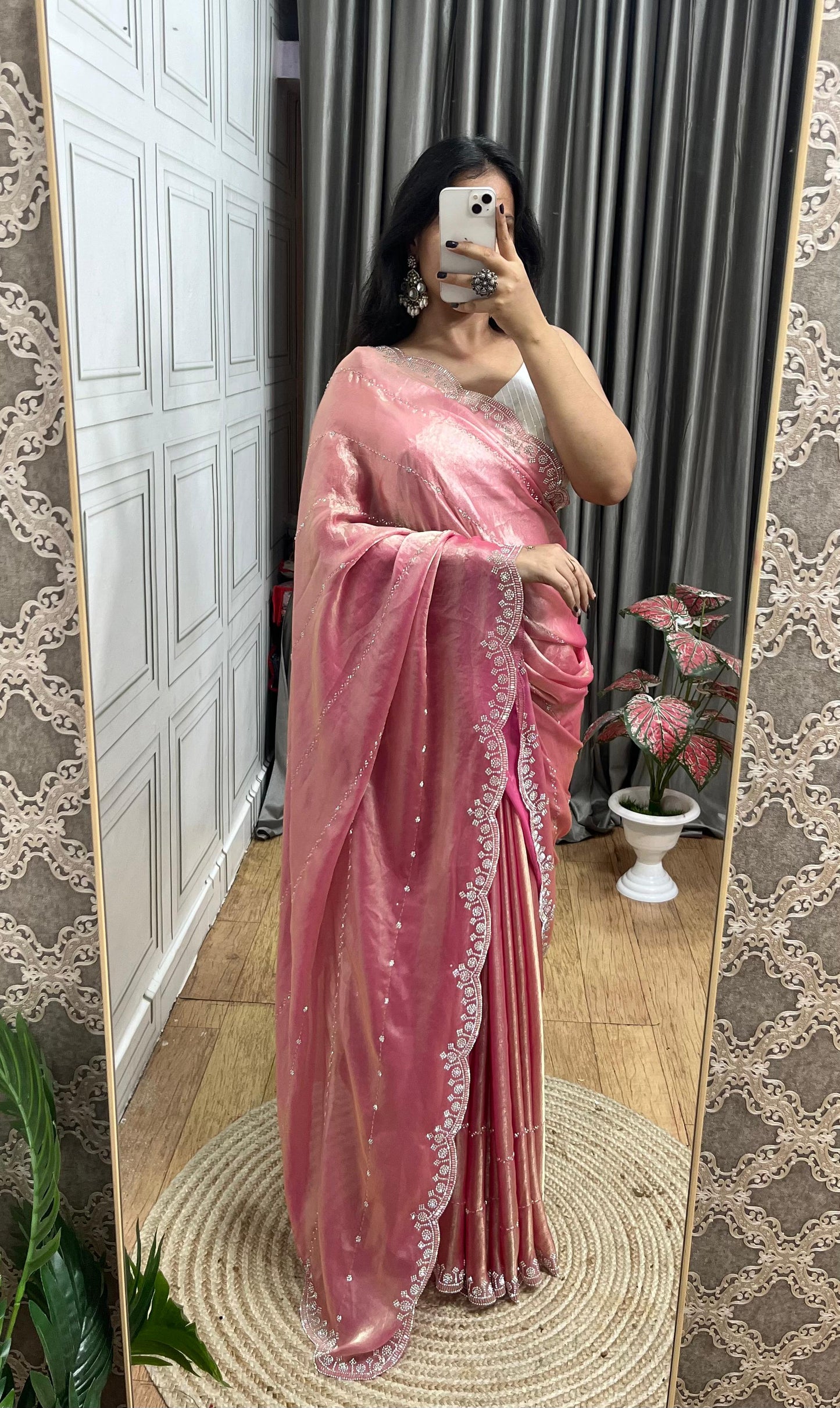 Latest Partywear Space Silk Jarkhan Heavy Diamond Work Fancy Designer Saree With Blouse