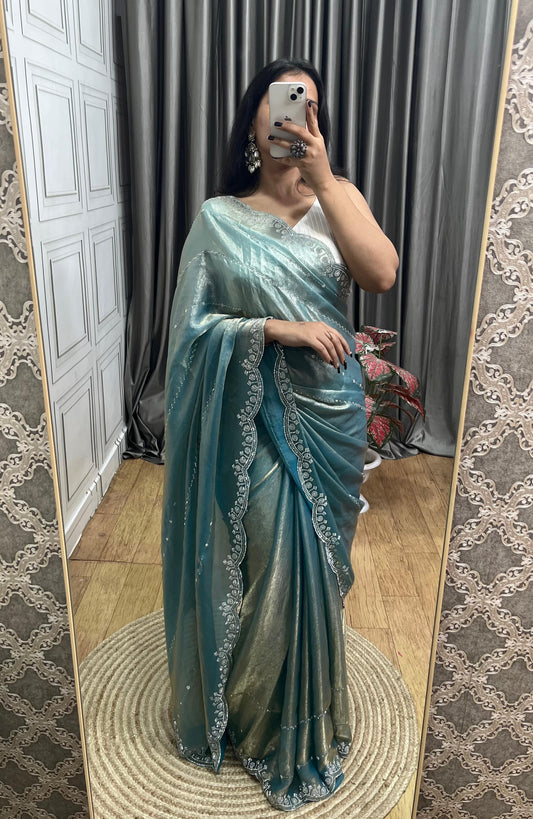 Latest Partywear Space Silk Jarkhan Heavy Diamond Work Fancy Designer Saree With Blouse