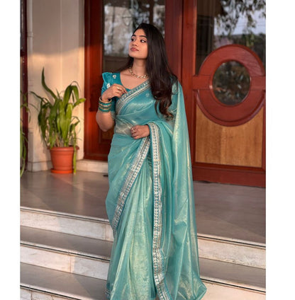 New Orange Color Banarasi Tissue Silk Jacquard n Lace Work Fancy Designer Partywear Saree