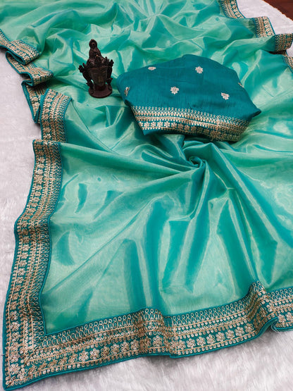 New Orange Color Banarasi Tissue Silk Jacquard n Lace Work Fancy Designer Partywear Saree