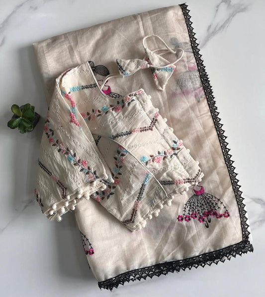 New Chanderi Cotton Embroidery n Tussels Work Fancy Designer Festive Wear Saree With Stitched Blouse