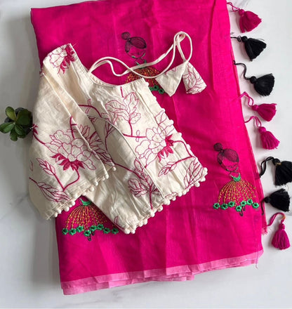 Chanderi Cotton Embroidery n Tussels Work Saree