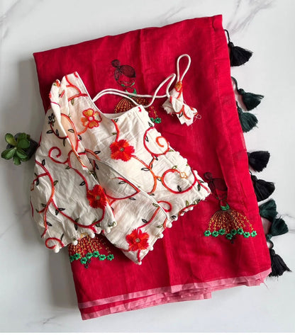 Chanderi Cotton Embroidery n Tussels Work Saree