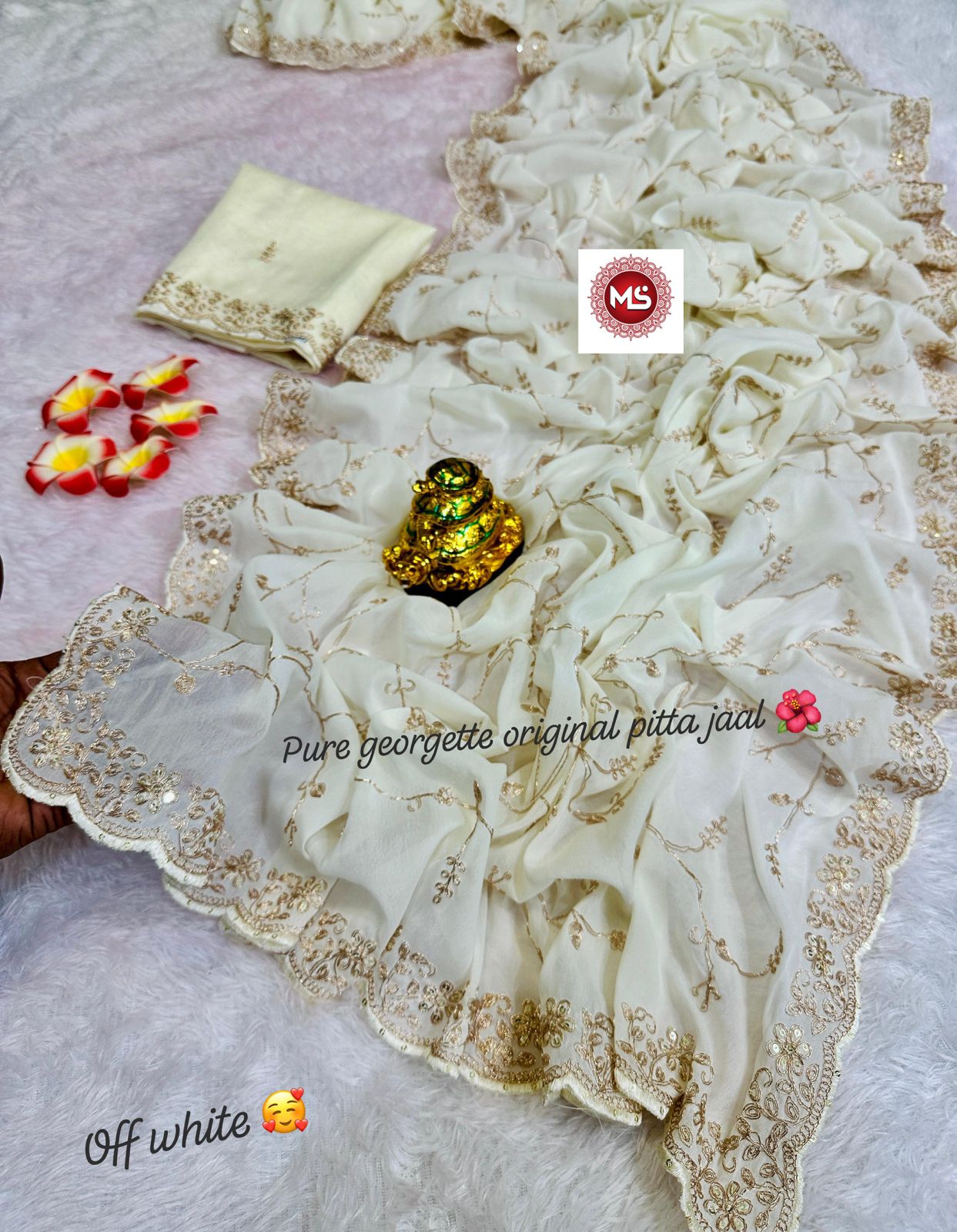 saree have full jaal pita Codding c.Pallu emb work..also having beautiful border  cutwork border..also added with emb pita zari work blouse ..saree have extra ordinary batik bandhej mill print pattern in best quality ..