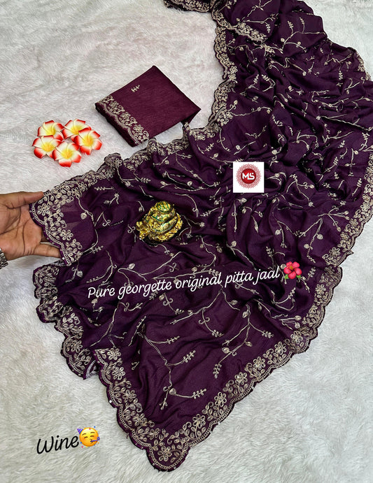saree have full jaal pita Codding c.Pallu emb work..also having beautiful border  cutwork border..also added with emb pita zari work blouse ..saree have extra ordinary batik bandhej mill print pattern in best quality ..