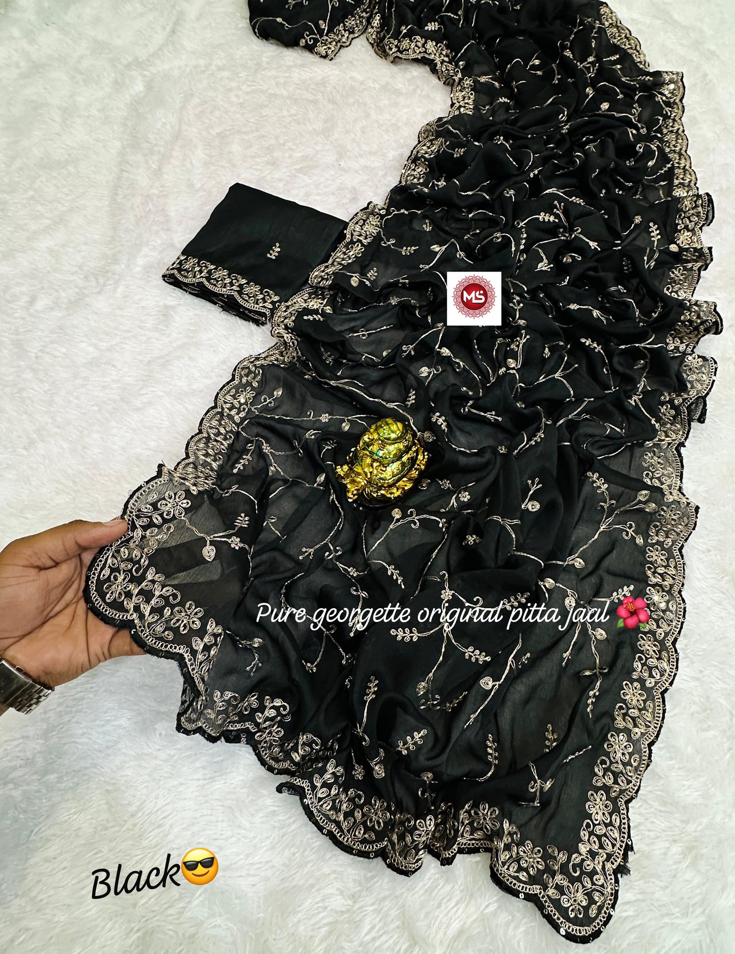 saree have full jaal pita Codding c.Pallu emb work..also having beautiful border  cutwork border..also added with emb pita zari work blouse ..saree have extra ordinary batik bandhej mill print pattern in best quality ..