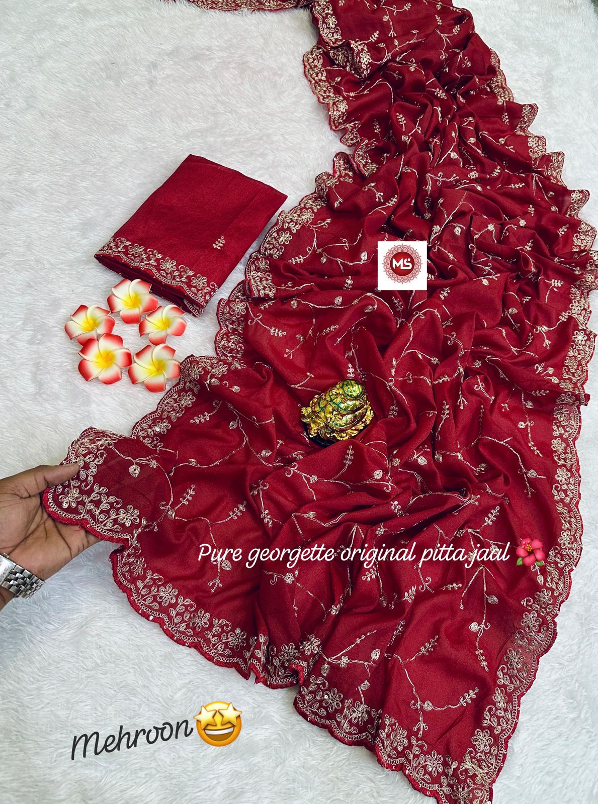 saree have full jaal pita Codding c.Pallu emb work..also having beautiful border  cutwork border..also added with emb pita zari work blouse ..saree have extra ordinary batik bandhej mill print pattern in best quality ..
