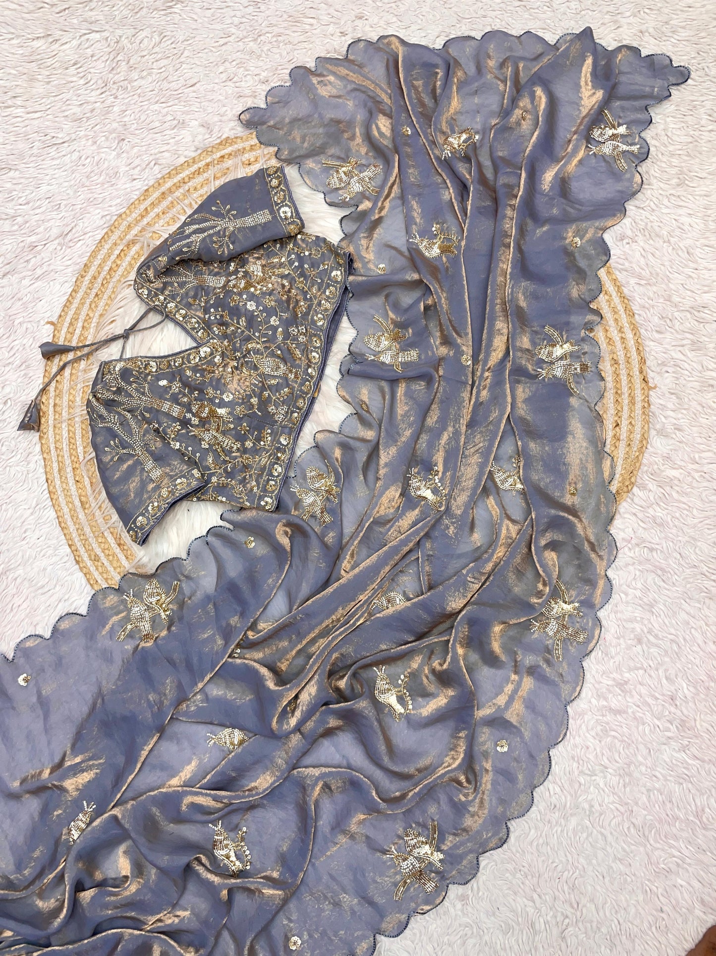 PURE SOFT FANDY SATTIN SILK FABRIC ON BEAUTIFUL HAND WORK WITH CUT WORK AARKO BORDER IN SAREE