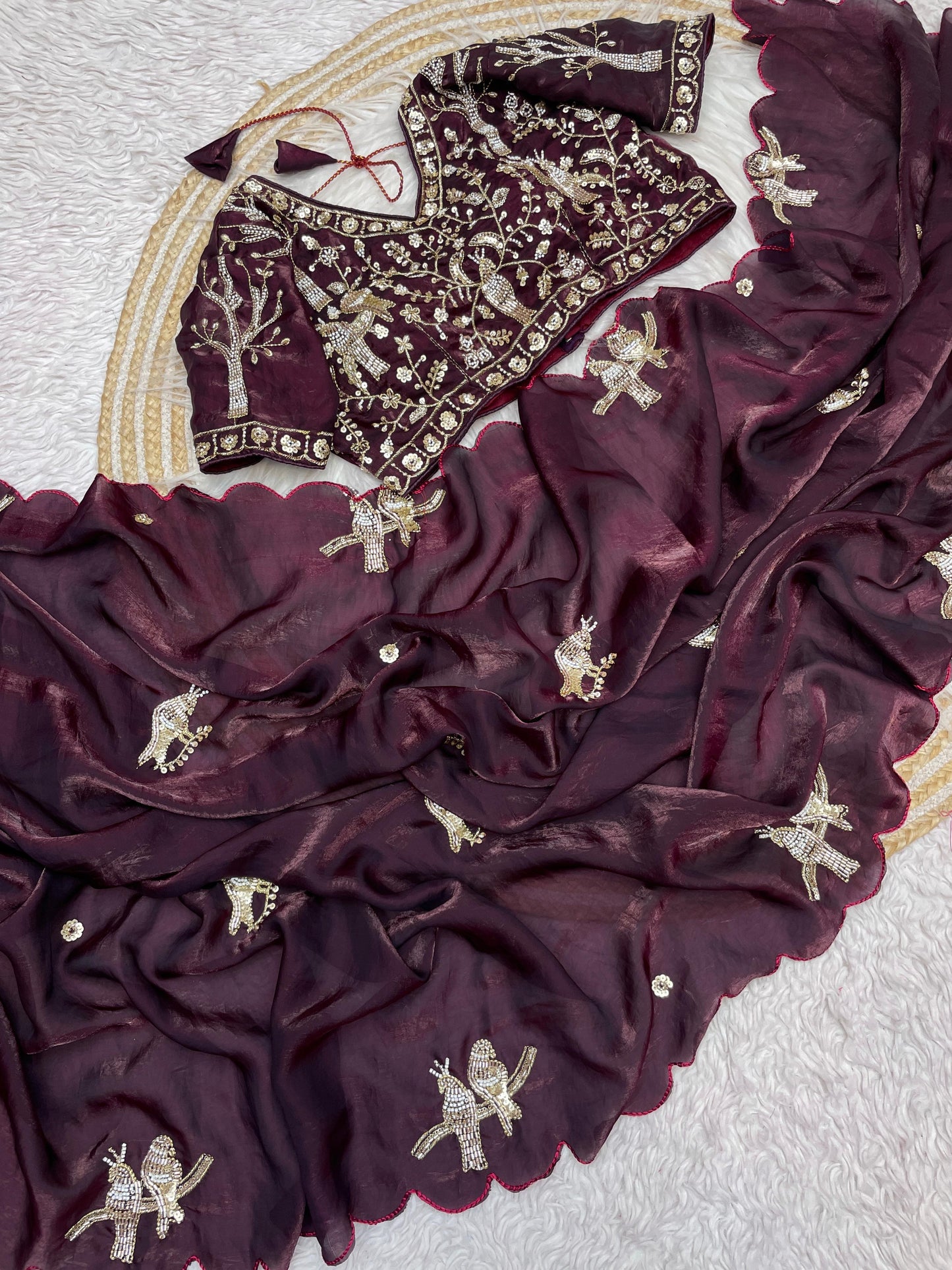 PURE SOFT FANDY SATTIN SILK FABRIC ON BEAUTIFUL HAND WORK WITH CUT WORK AARKO BORDER IN SAREE