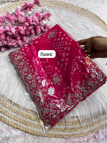 soft c*c Georgette bandej saree with beautiful c-pallu sequence thread work & butti in whole saree