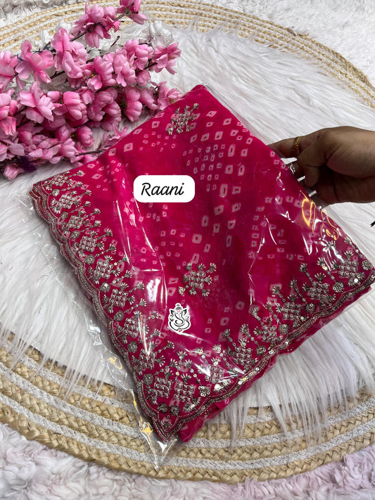 soft c*c Georgette bandej saree with beautiful c-pallu sequence thread work & butti in whole saree