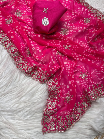 soft c*c Georgette bandej saree with beautiful c-pallu sequence thread work & butti in whole saree