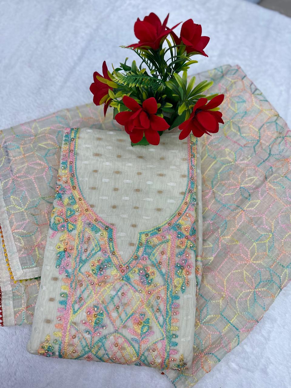 White Chanderi Weave Unstitched Suit Set