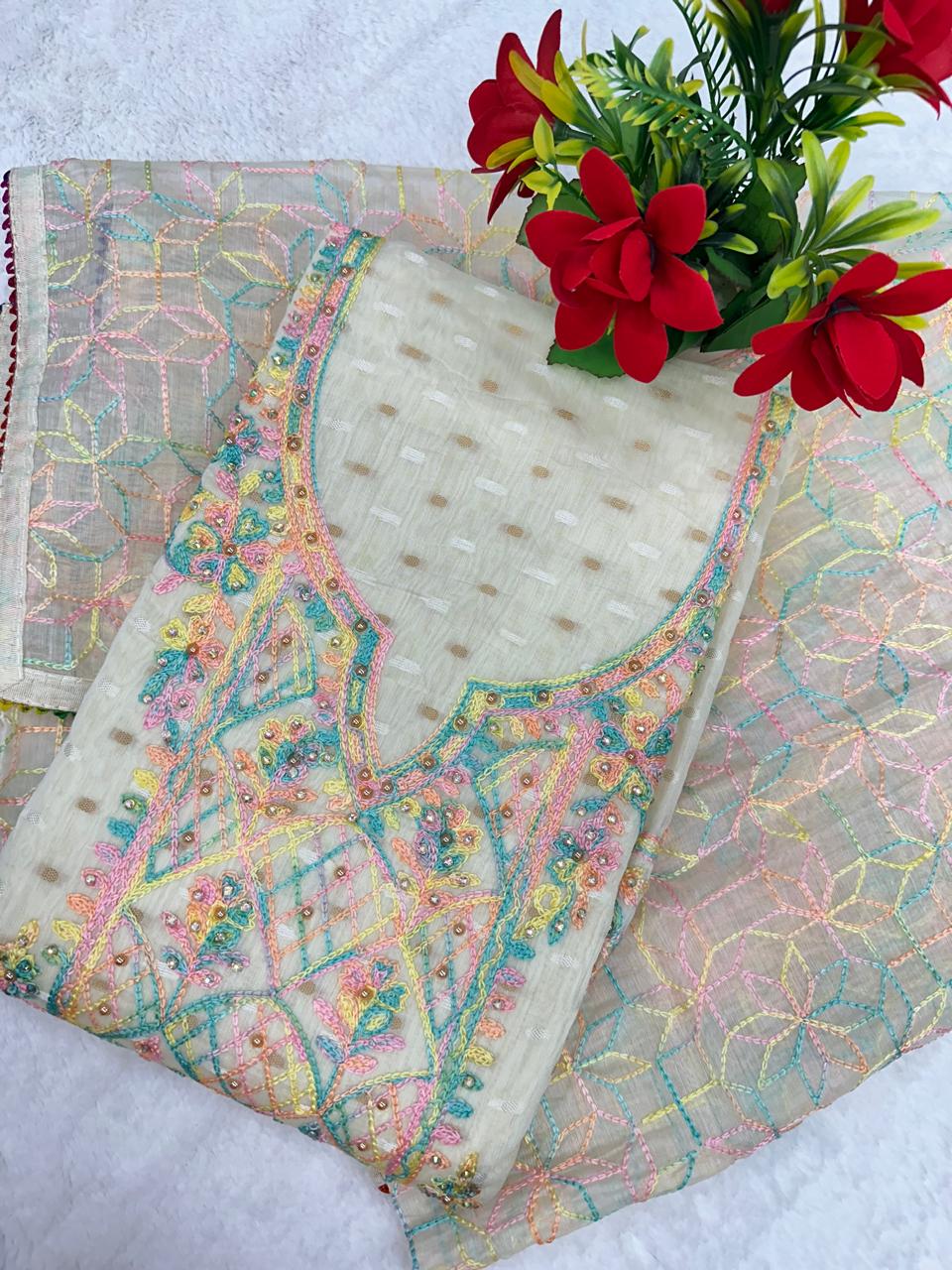 White Chanderi Weave Unstitched Suit Set