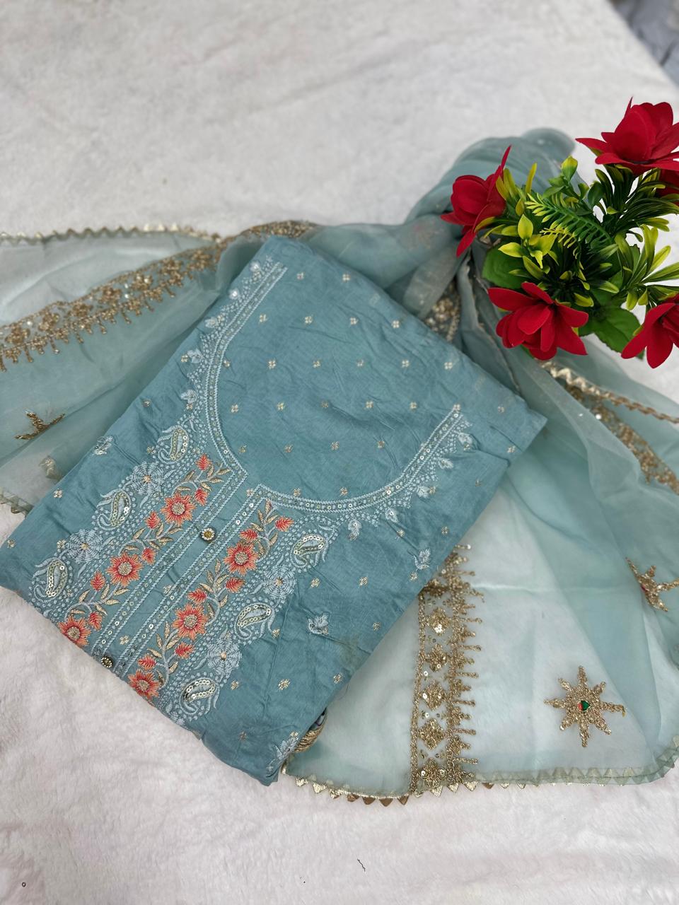 TOP DIGITAL HANDWORK DUPPATA ORAGANZA WORK INNER CRAPE