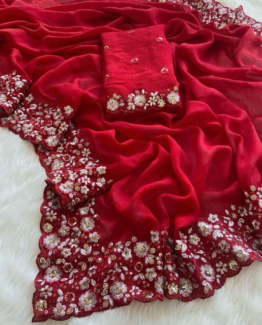 HEAVY SOFT CRUSH SILK FABRIC ON EMBRODIERY C-PALLU MULTI THREAD AND SEQUENCE WORK WITH CUT WORK BORDER ON SAREE