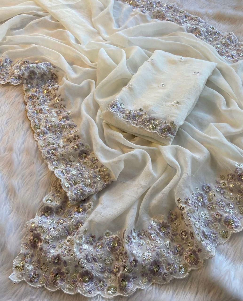 HEAVY SOFT CRUSH SILK FABRIC ON EMBRODIERY C-PALLU MULTI THREAD AND SEQUENCE WORK WITH CUT WORK BORDER ON SAREE