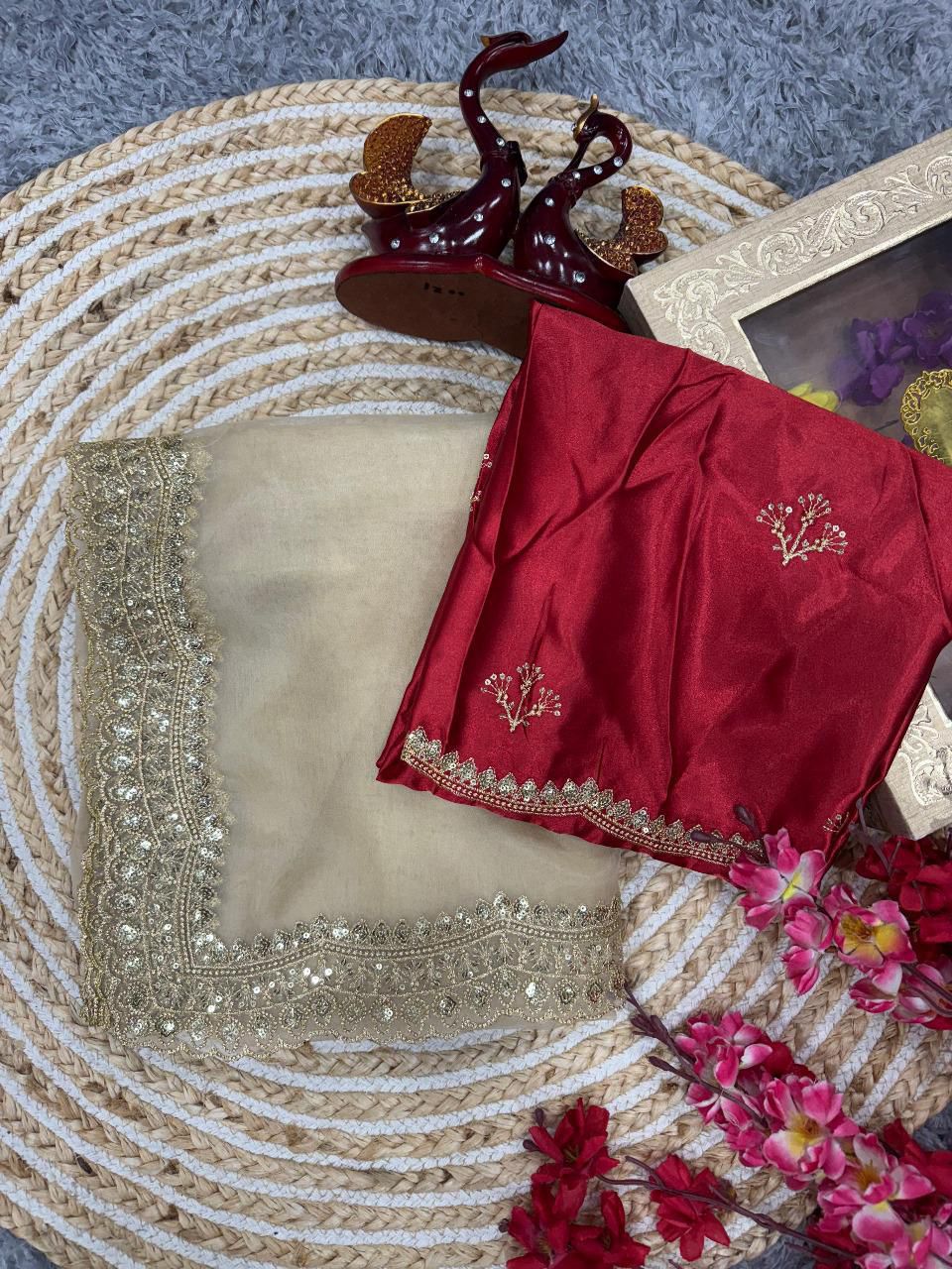 PURE SOFT NYLON ORGANZA SILK FABRIC ON BEAUTIFUL C-PALLU EMBROIDERY  SEQUENCES AND ZARI WORK WITH CUT WORK BORDER IN SAREE